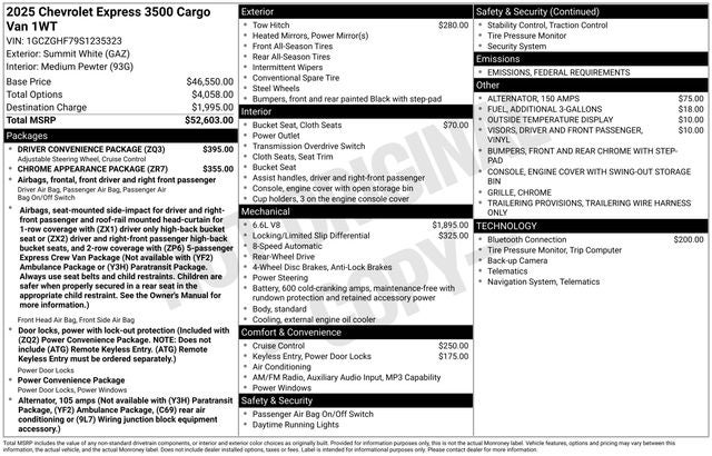 2025 Chevrolet Express Cargo Van RWD 3500 155"